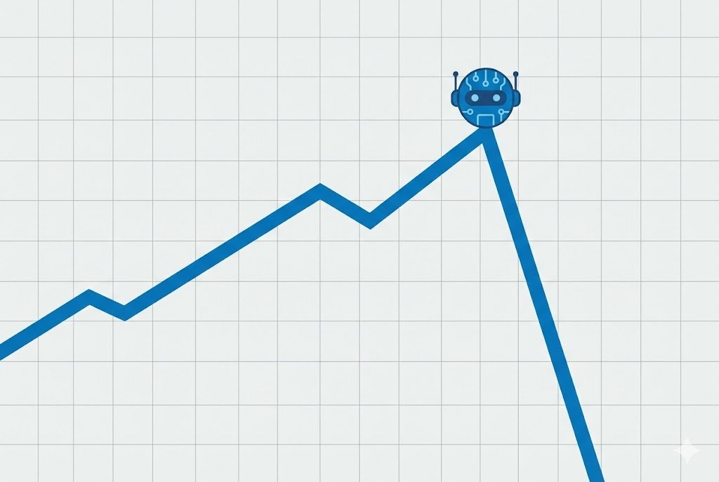 Declining graph with AI icon at drop point