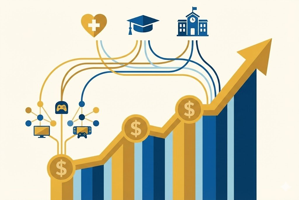 Ontario iGaming revenue growth chart with public services iconography Ontario iGaming revenue growth chart with public services iconography