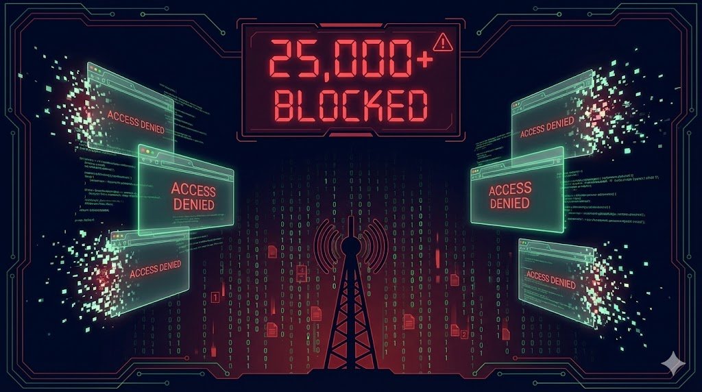 Digital illustration representing Brazil's enforcement campaign against illegal gambling websites, showing browser windows being blocked with a counter displaying over 25,000 domains blocked by Anatel and the SPA regulatory authority
