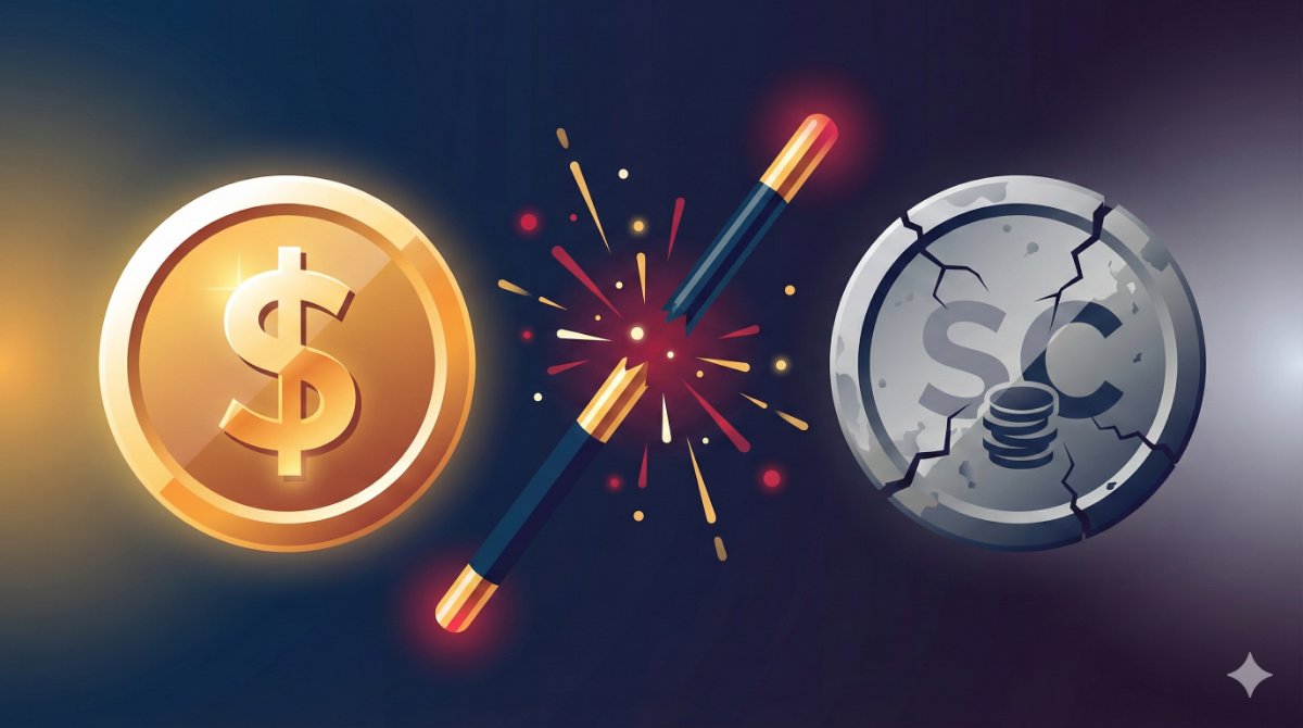 Gold coin transforming into faded Sweeps Coin with broken magic wand - illustrating the collapse of sweepstakes casino currency model Gold coin transforming into faded Sweeps Coin with broken magic wand - illustrating the collapse of sweepstakes casino currency model