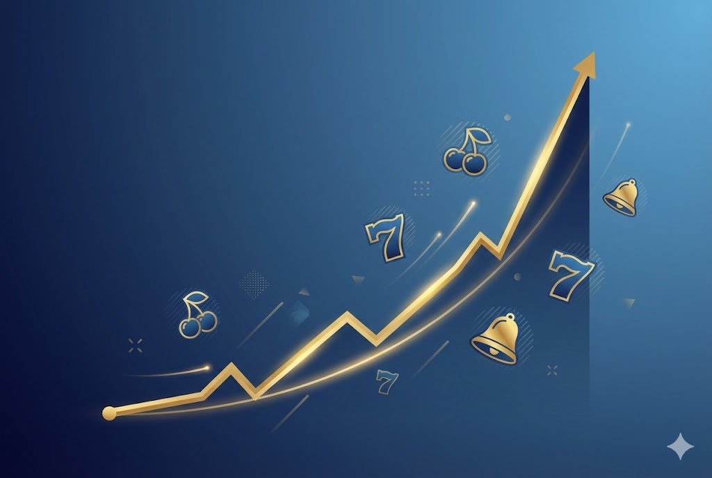 Infographic-style illustration depicting the exponential growth of a progressive jackpot over time, with slot symbols and a dramatically rising graph line