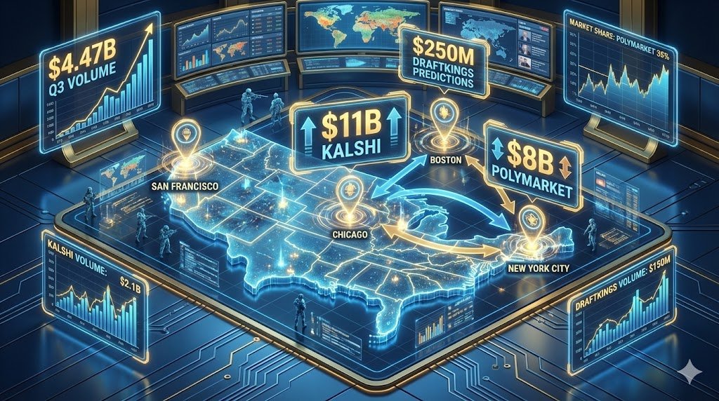Strategic infographic map showing prediction market competition between major players with valuations, trading volumes, and territorial markers across the United States.