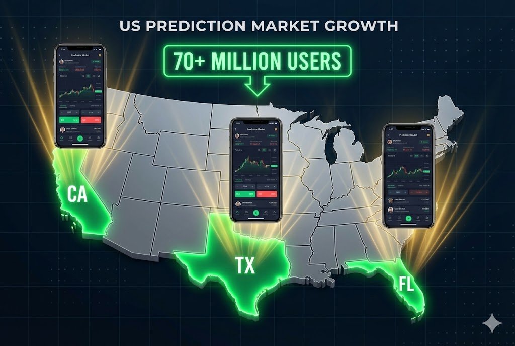 US map highlighting California, Texas, and Florida in green with 70+ million users counter, showing the untapped prediction market opportunity in states without legal sports
