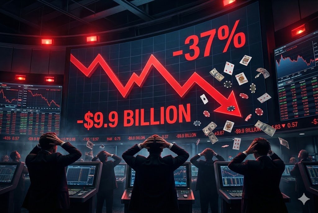 Stock market trading screen showing dramatic 37% decline and $9.9 billion loss, with worried traders and falling casino chips symbolizing the gambling industry impact.