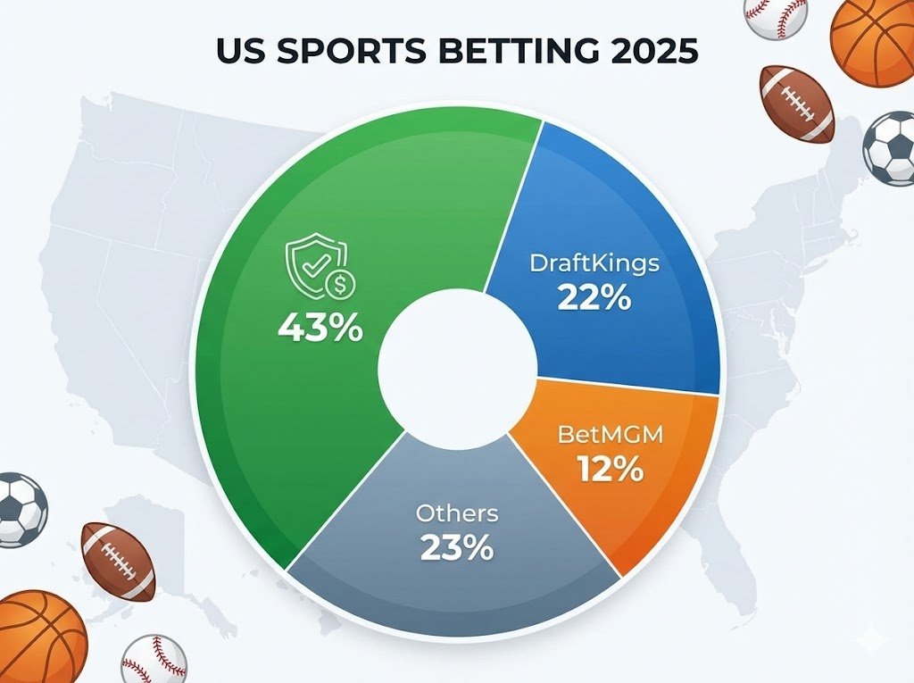 Pie chart showing FanDuel's 43% market share of U.S. sports betting gross gaming revenue in 2025, compared to DraftKings at 22% and other operators.