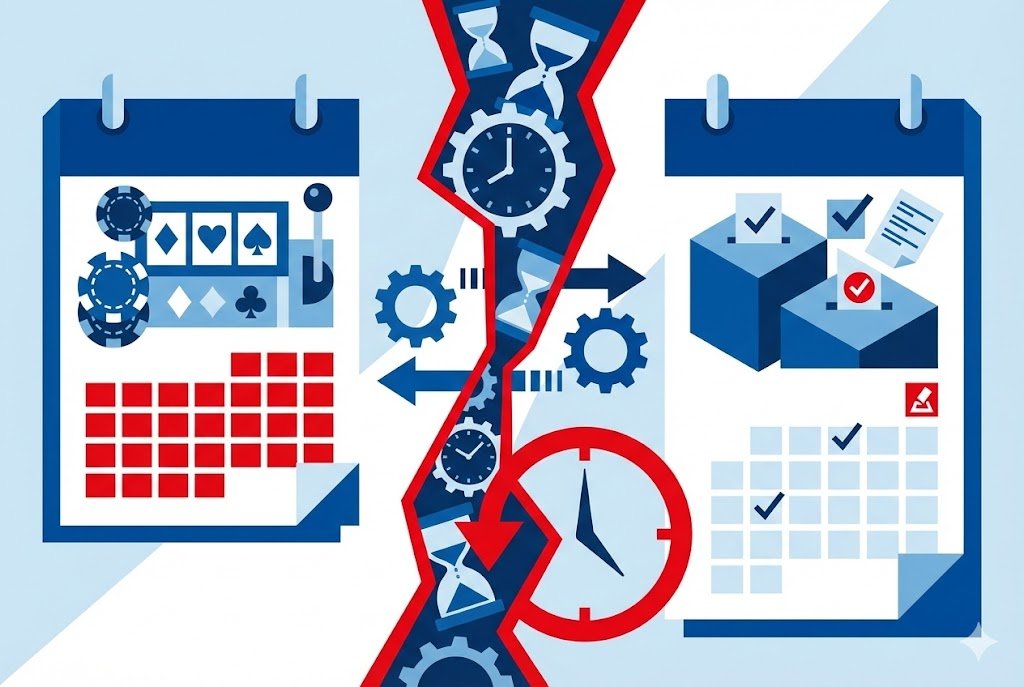 Calendar illustration showing gambling launch versus election timing conflict