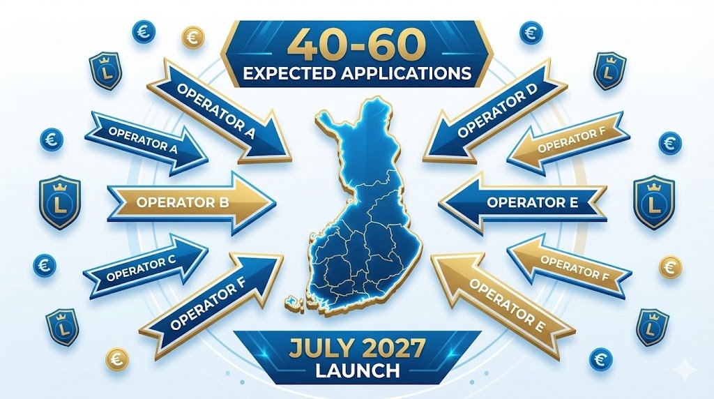 Infographic map of Finland showing multiple operators planning market entry with 40-60 expected license applications for the July 2027 launch.