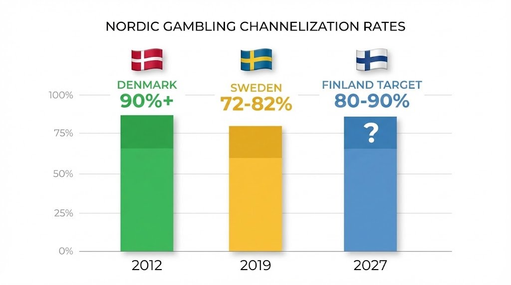 Bar chart comparing Nordic gambling channelization rates showing Denmark at 90%+, Sweden at 72-82%, and Finland targeting 80-90% after 2027 liberalization.