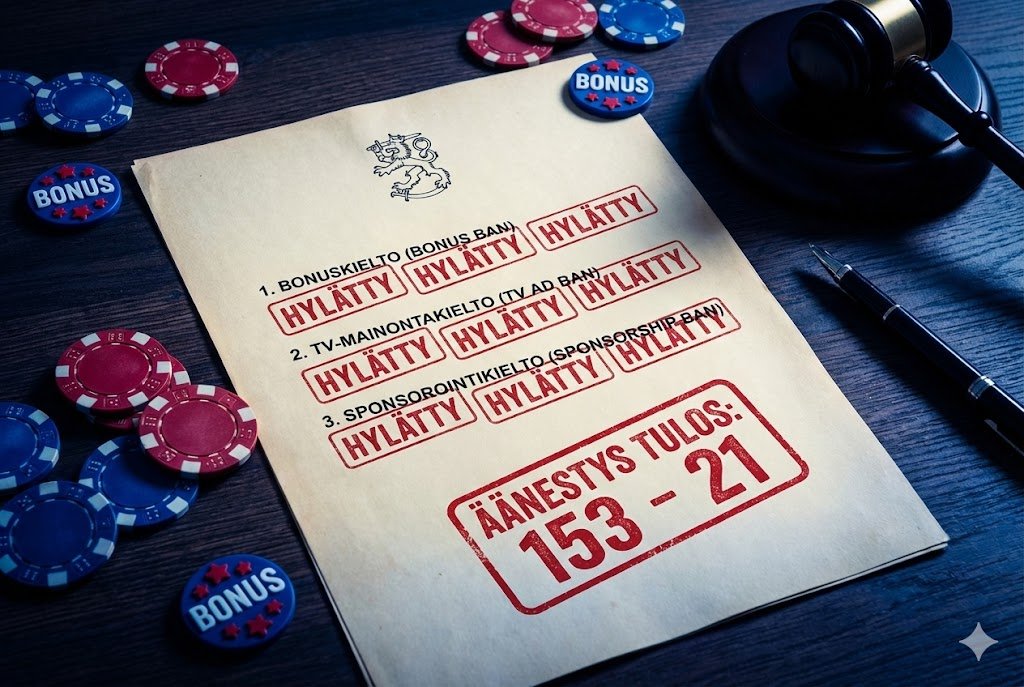 Official document illustration showing rejected gambling amendments with red stamps, displaying the 153-21 vote against bonus bans, TV advertising bans, and sponsorship restrictions.