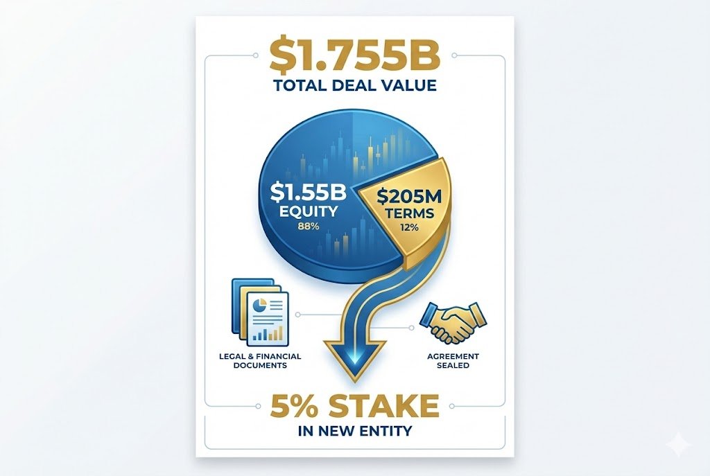 Infographic breaking down Flutter's $1.755 billion FanDuel acquisition into $1.55 billion for 5% equity and $205 million for revised commercial terms.