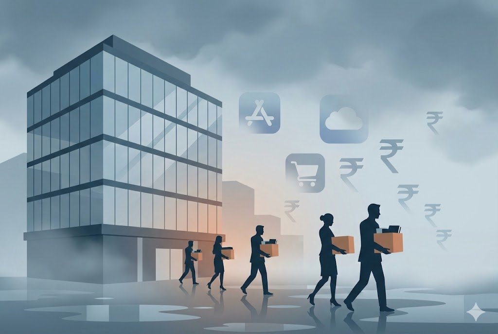 Workers leaving offices, gaming icons fading