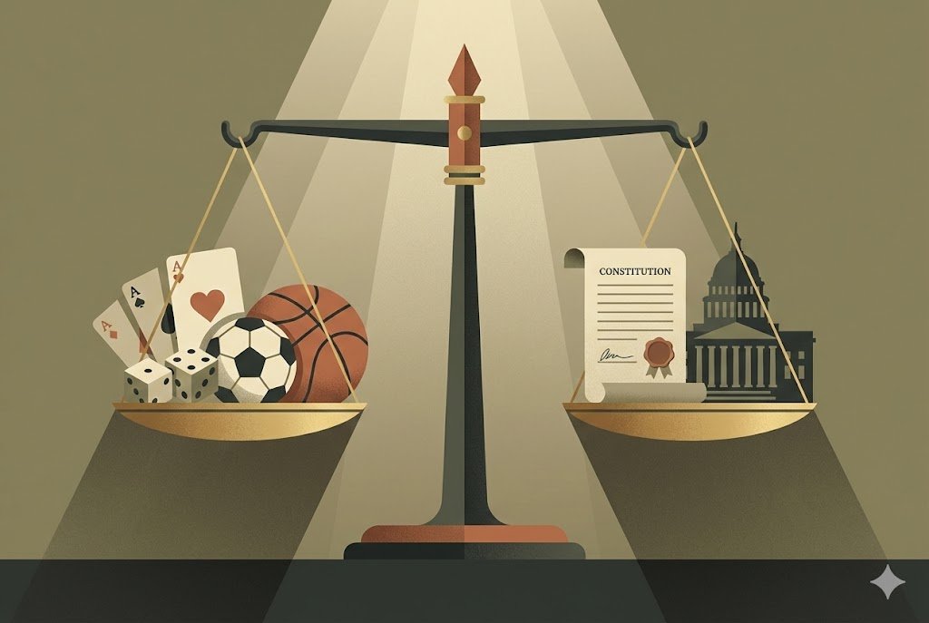 Scales with gaming and legal symbols