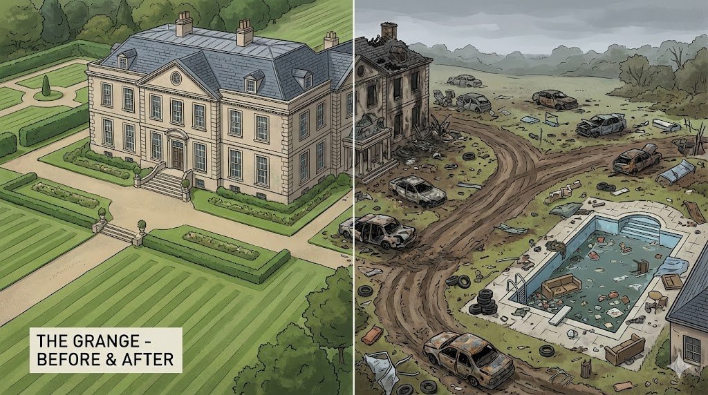 English mansion surrounded by wrecked cars and debris on destroyed grounds English mansion surrounded by wrecked cars and debris on destroyed grounds