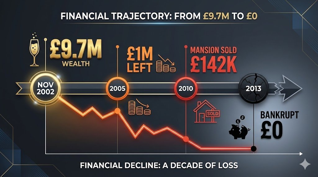 Timeline infographic showing decline from £9.7M in 2002 to bankruptcy in 2013 Timeline infographic showing decline from £9.7M in 2002 to bankruptcy in 2013
