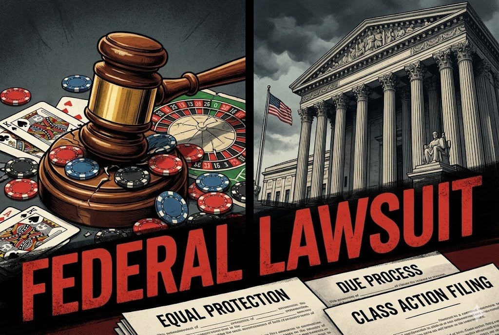 Split illustration showing a judge's gavel striking casino chips on one side and a federal courthouse on the other, representing the Churchill Downs lawsuit against Maine's tribal iGaming law.