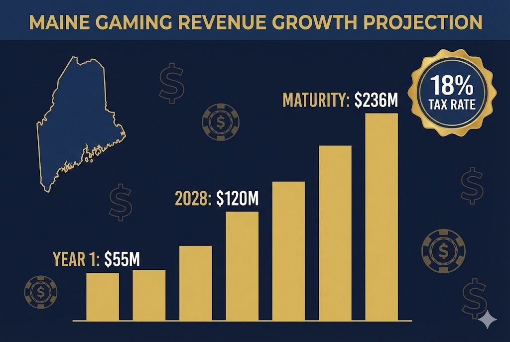 Financial infographic showing projected Maine iGaming revenue growth from $55 million in Year 1 to $236 million at market maturity, with the state's 18% tax rate highlighted