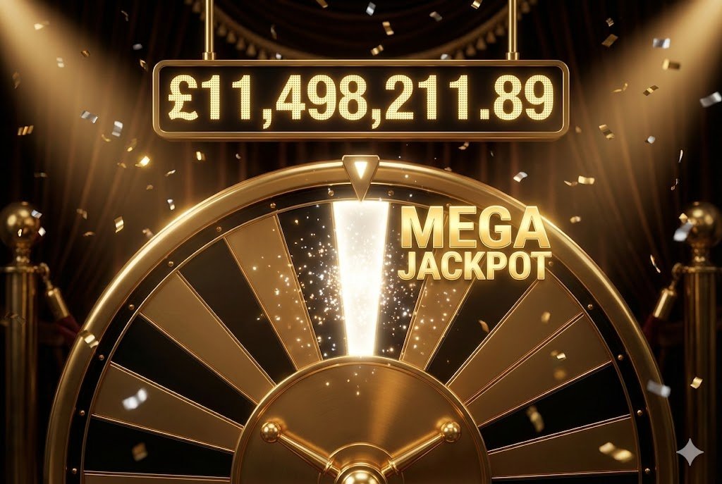 Mega Moolah bonus wheel showing £11.5 million jackpot win