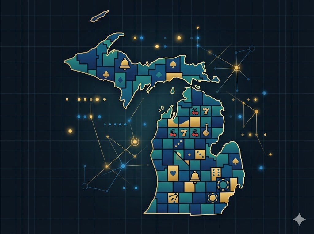 Stylized Michigan state outline filled with casino and gaming symbols, representing the state's position as a leading US iGaming market.