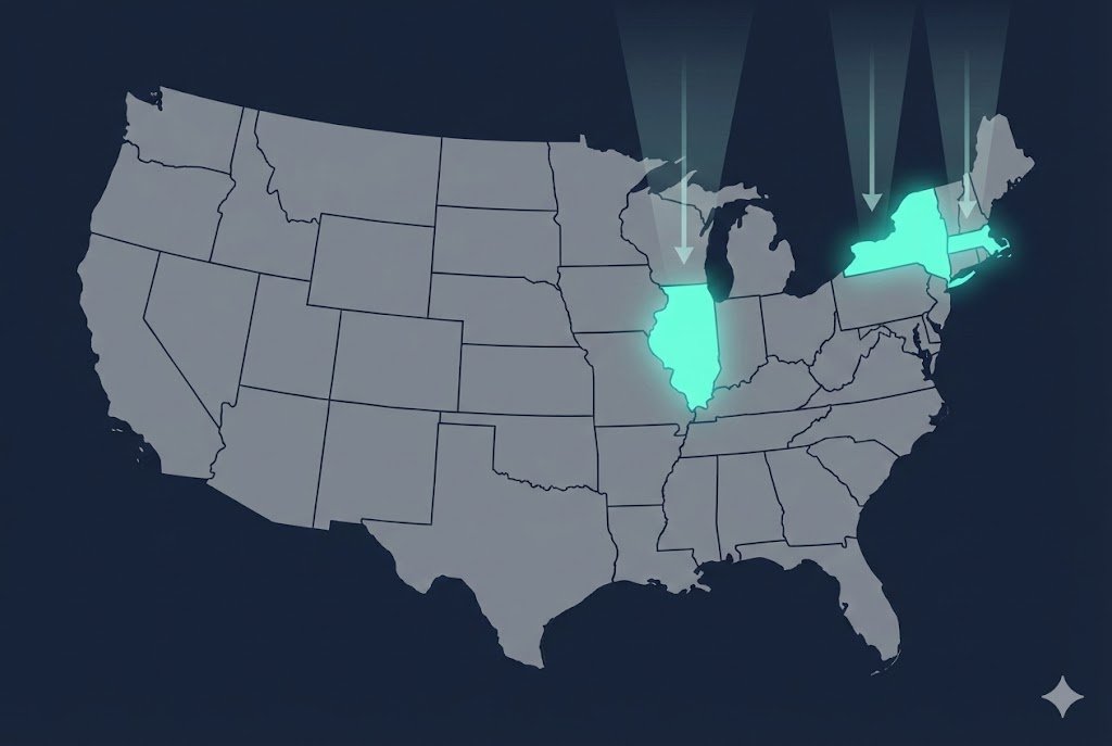 US map highlighting Illinois, New York, Massachusetts