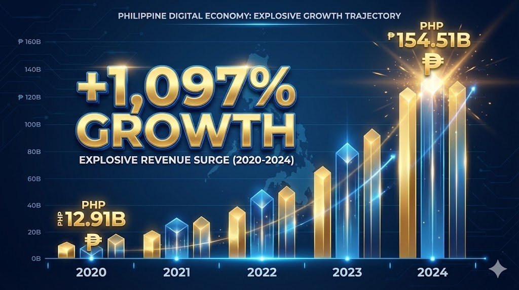 Bar chart showing Philippine e-games revenue growth from PHP 12.91 billion in 2020 to PHP 154.51 billion in 2024, representing a 1,097% increase over four years.