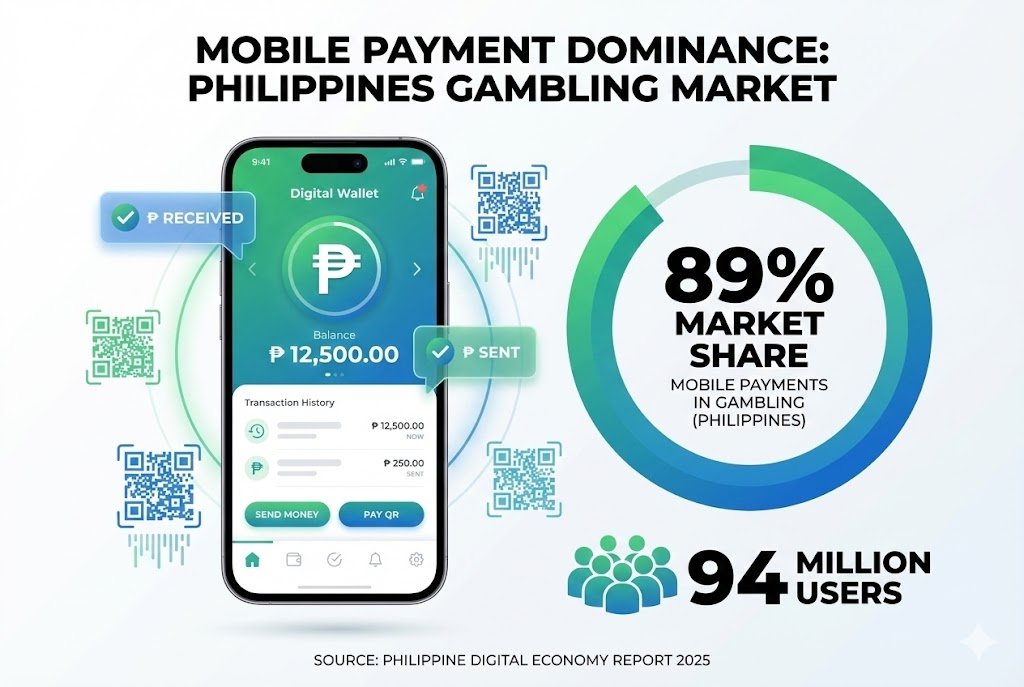 Infographic showing e-wallet dominance in Philippine gambling with 89% market share and 94 million users enabling instant deposits and withdrawals for online gaming platforms.