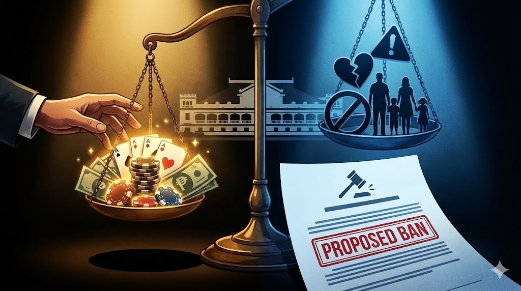 Illustration depicting regulatory tension in Philippine gambling market with scales balancing economic benefits against social concerns as lawmakers consider restrictions.