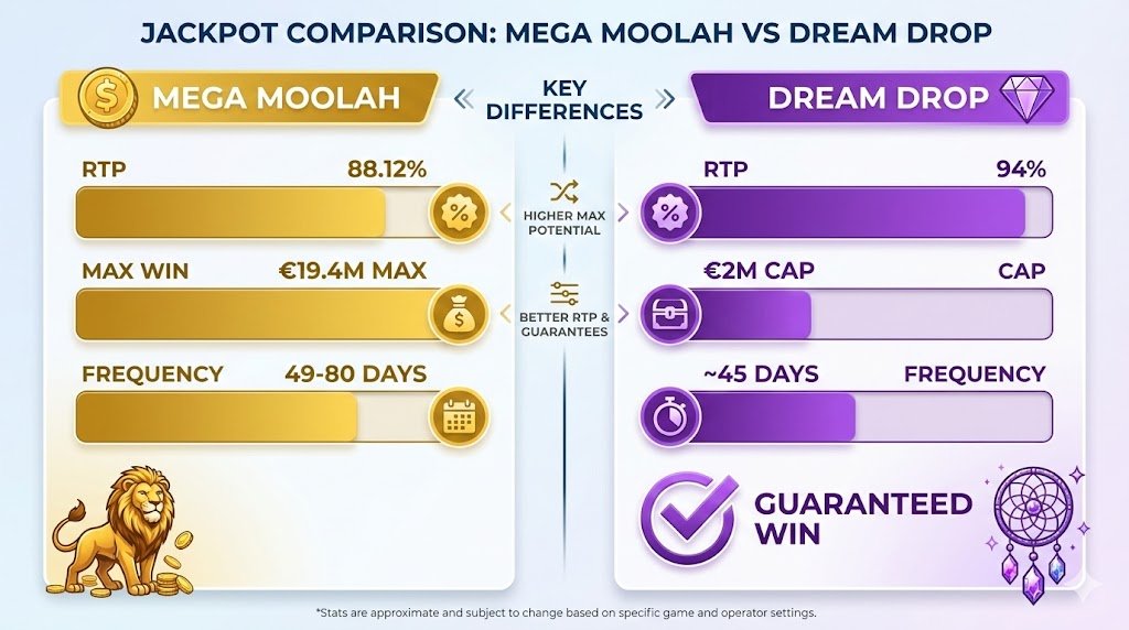 Mega Moolah vs Dream Drop statistics comparison infographic
