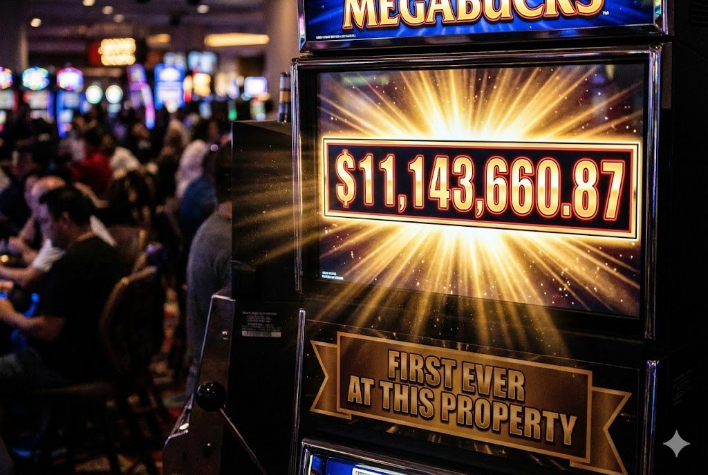 Megabucks slot machine display showing the $11,143,660.87 jackpot amount, the first Megabucks win ever recorded at Resorts World Las Vegas.