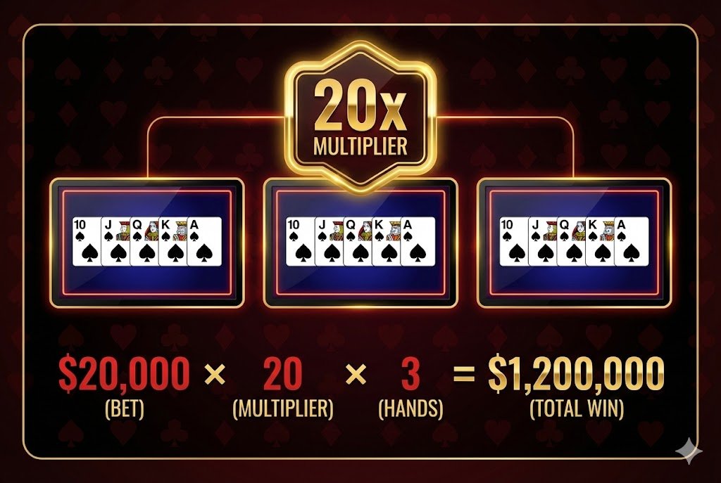 Infographic illustrating how three Royal Flush hands with a 20x multiplier combined to create a $1.2 million video poker jackpot, showing the mathematical calculation.