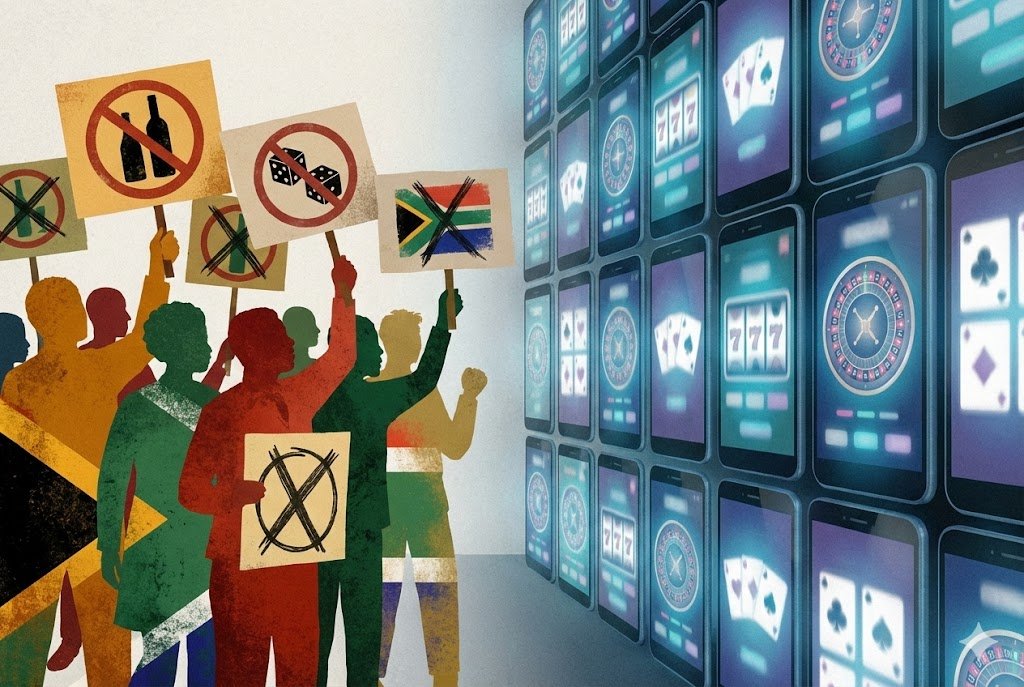 Editorial illustration showing coalition of protesters with prohibition symbols facing a wall of smartphone screens displaying gambling apps