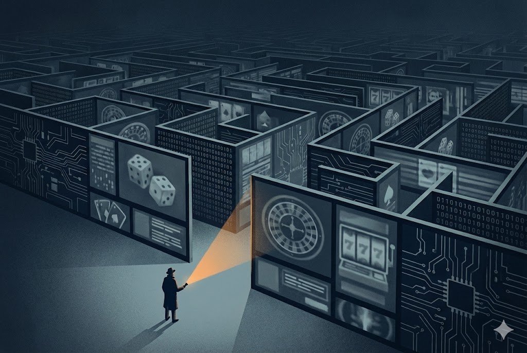 Metaphorical illustration showing a small enforcement figure with a flashlight facing an overwhelming maze of illegal gambling websites