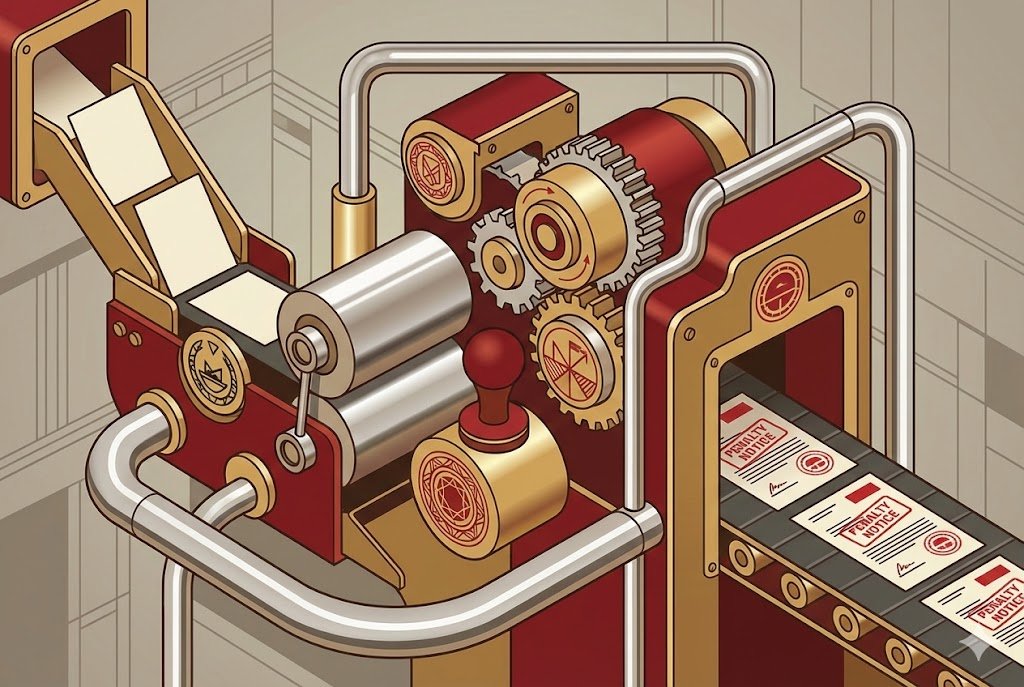 Enforcement machine illustration with gears and regulatory stamps