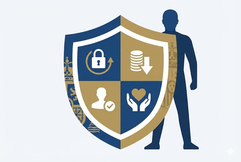 Shield illustration with responsible gambling icons and player silhouette