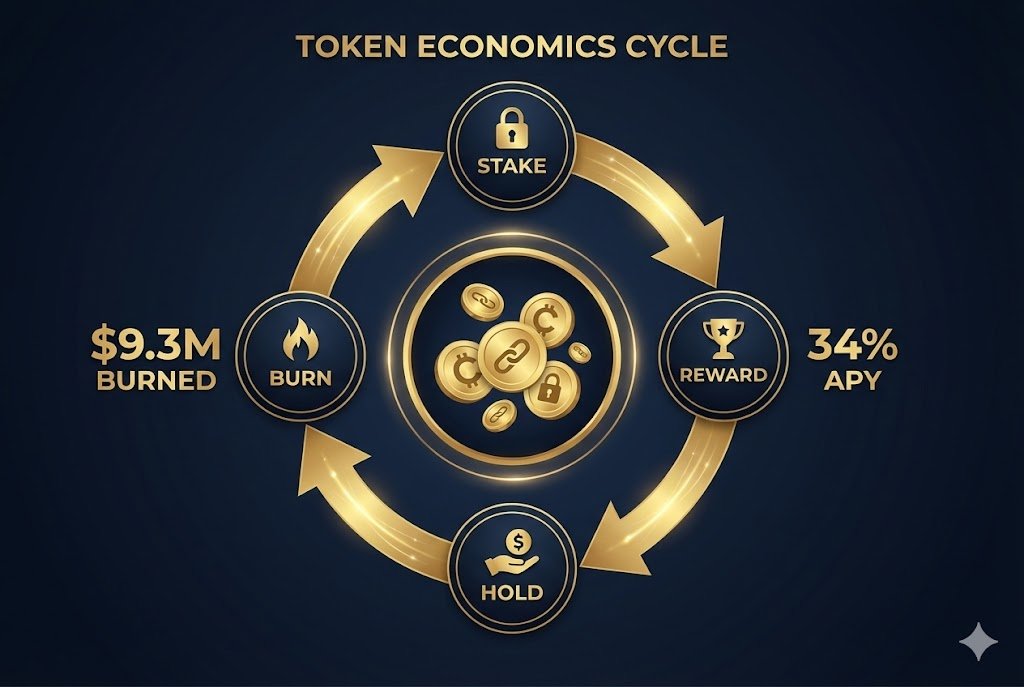 Token economics cycle infographic showing staking, burning and reward mechanics Token economics cycle infographic showing staking, burning and reward mechanics
