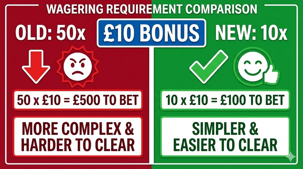 Infographic comparing old 50x wagering requirements requiring £500 in bets versus new 10x cap requiring only £100 for the same £10 bonus
