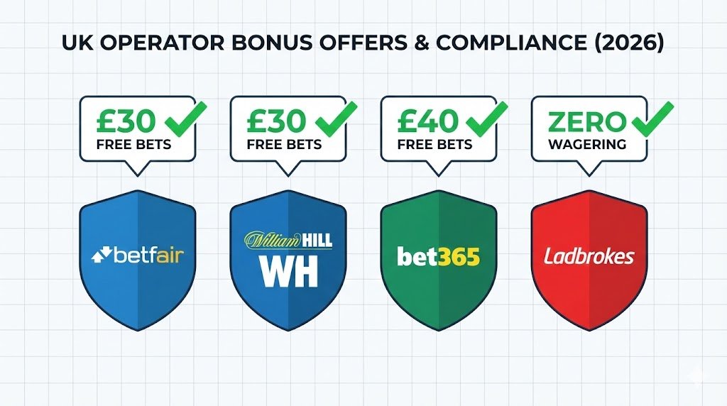 Visualization showing major UK gambling operators and their new welcome offers featuring free bets with zero wagering requirements following the January 2026 rule changes.