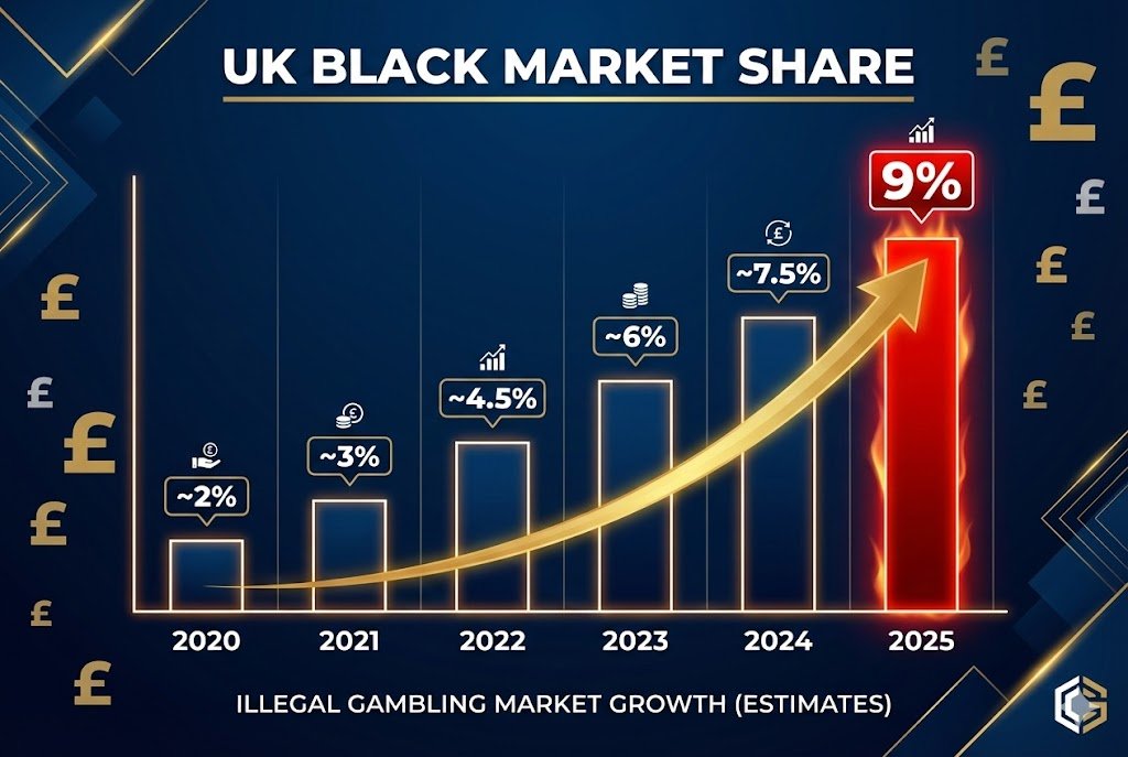 Infographic bar chart displaying UK illegal gambling market growth from approximately 2% in 2020 to 9% in 2025, with pound symbols and "UK BLACK MARKET SHARE" headline. Infographic bar chart displaying UK illegal gambling market growth from approximately 2% in 2020 to 9% in 2025, with pound symbols and "UK BLACK MARKET SHARE" headline.