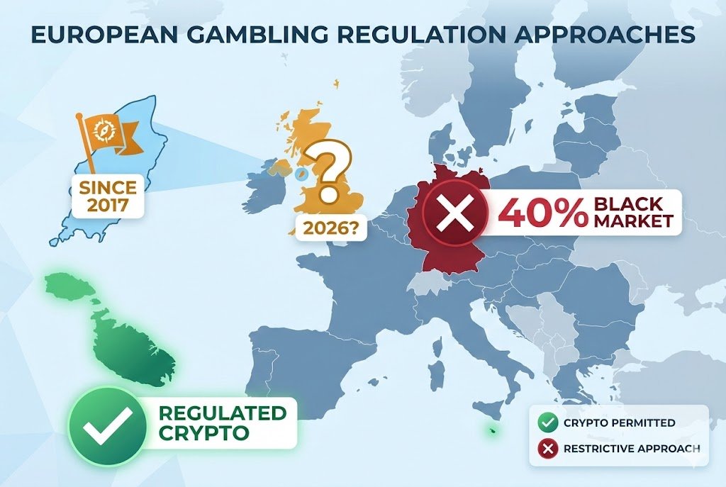 European map comparing crypto gambling regulations in Malta, Isle of Man, Germany, and UK's pending decision. European map comparing crypto gambling regulations in Malta, Isle of Man, Germany, and UK's pending decision.