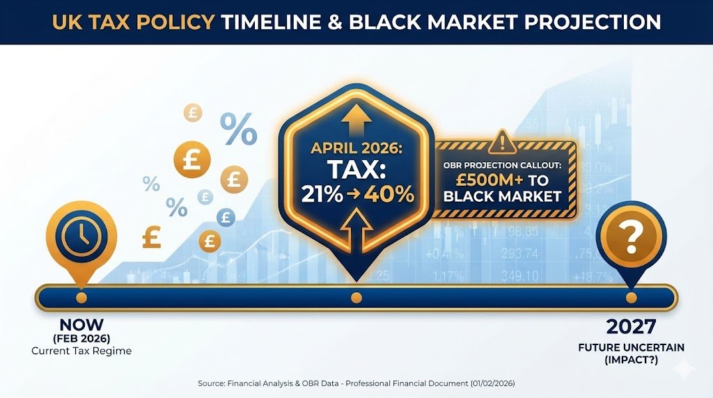 UK gambling tax timeline showing 21% to 40% increase in April 2026 with market impact projections. UK gambling tax timeline showing 21% to 40% increase in April 2026 with market impact projections.