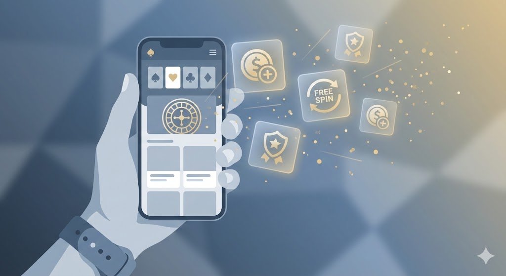 Casino app with fading bonus icons on smartphone