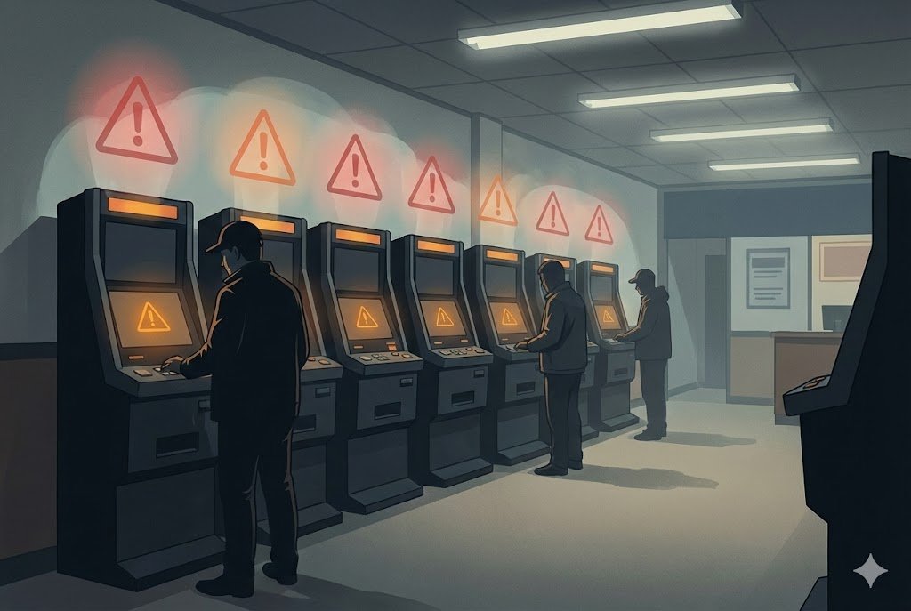 Illustration of betting shop gaming machines with warning indicators, representing compliance failures identified in UKGC investigation