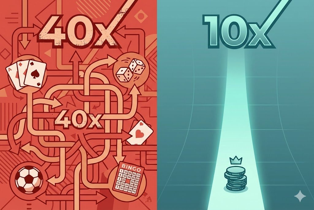 Split illustration comparing complex cross-sell bonus structure with simplified single-product promotion under new UKGC rules