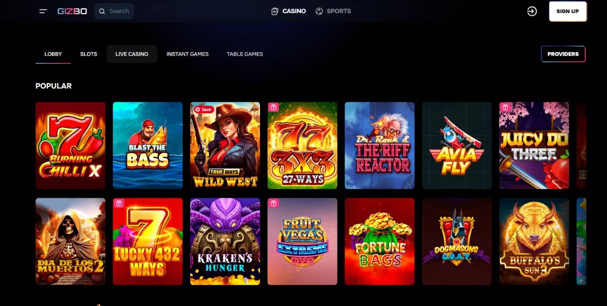 Gizbo Casino Home Page