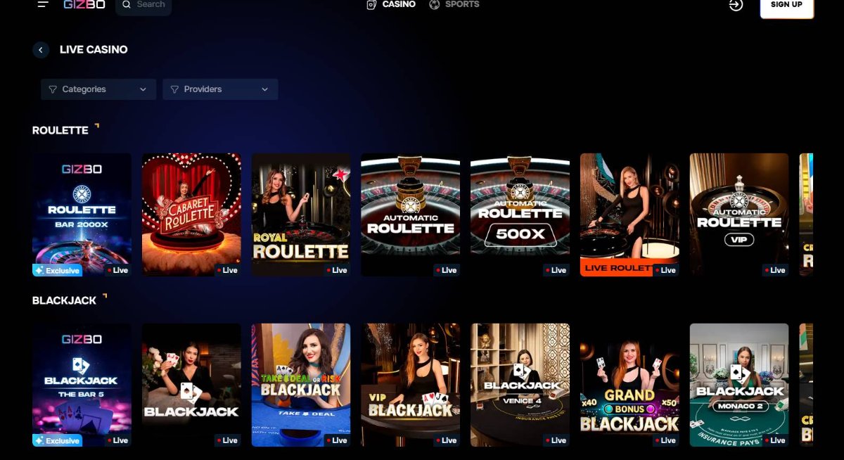 Live dealer games at Gizbo