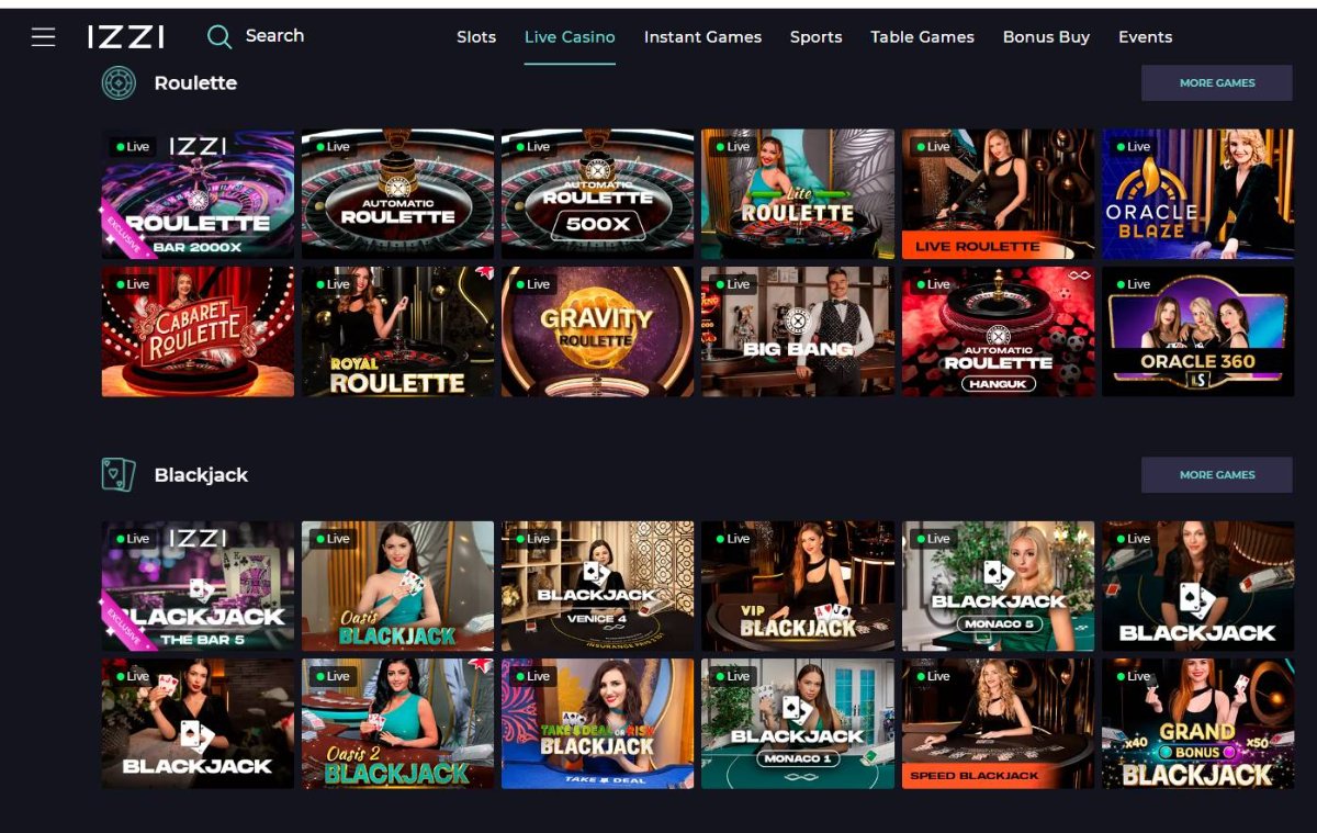 IZZI casino - Live dealer section