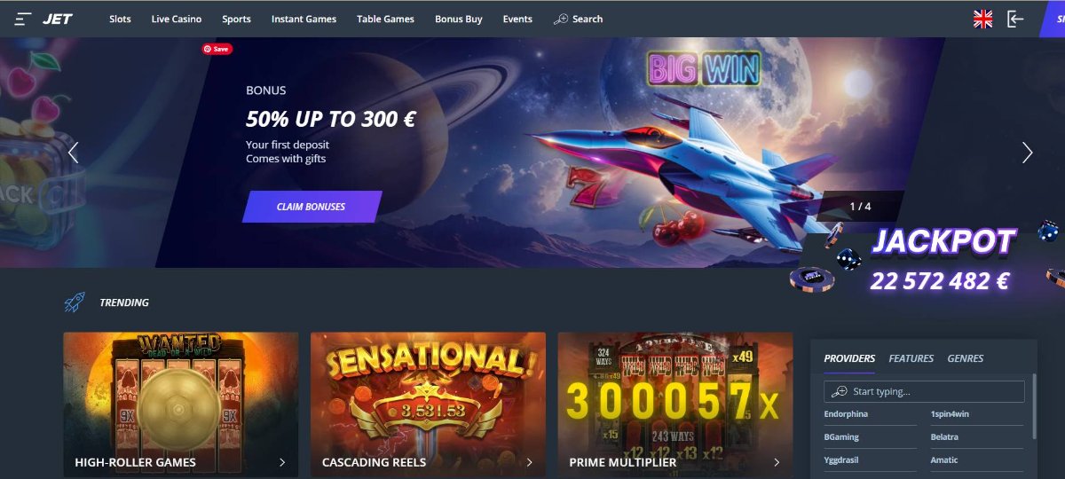 Jet Casino main lobby page