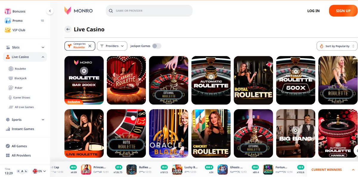 Live dealer Casino at Monro