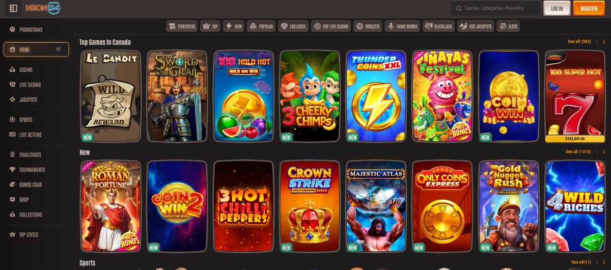 Neon 54 casino home page lobby