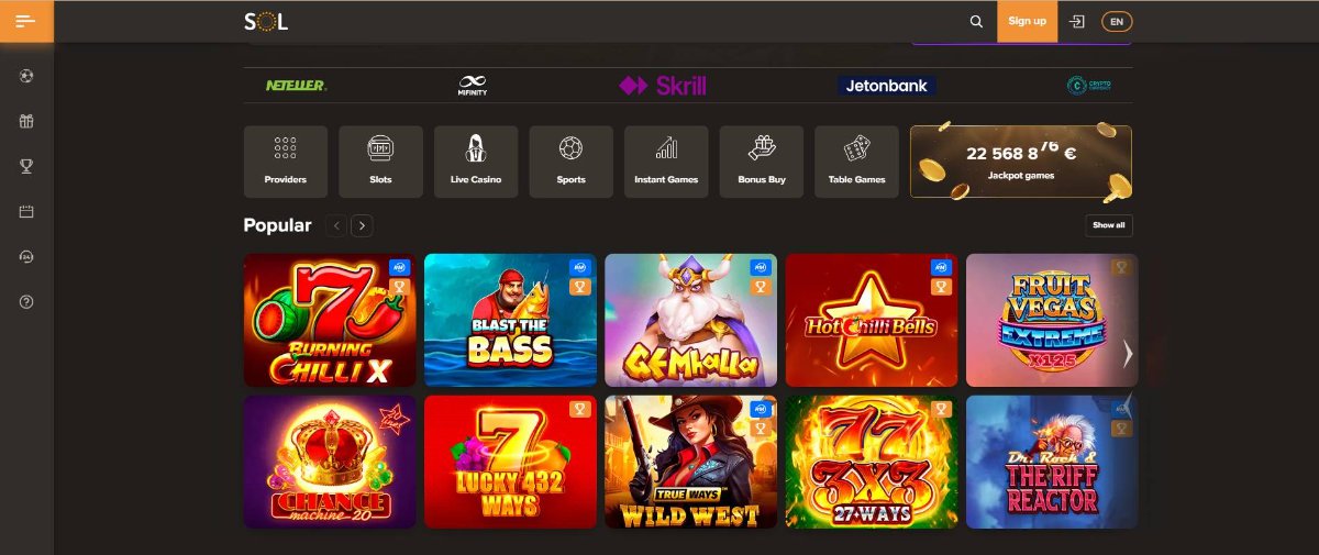 Main page desktop screenshot - Sol Casino