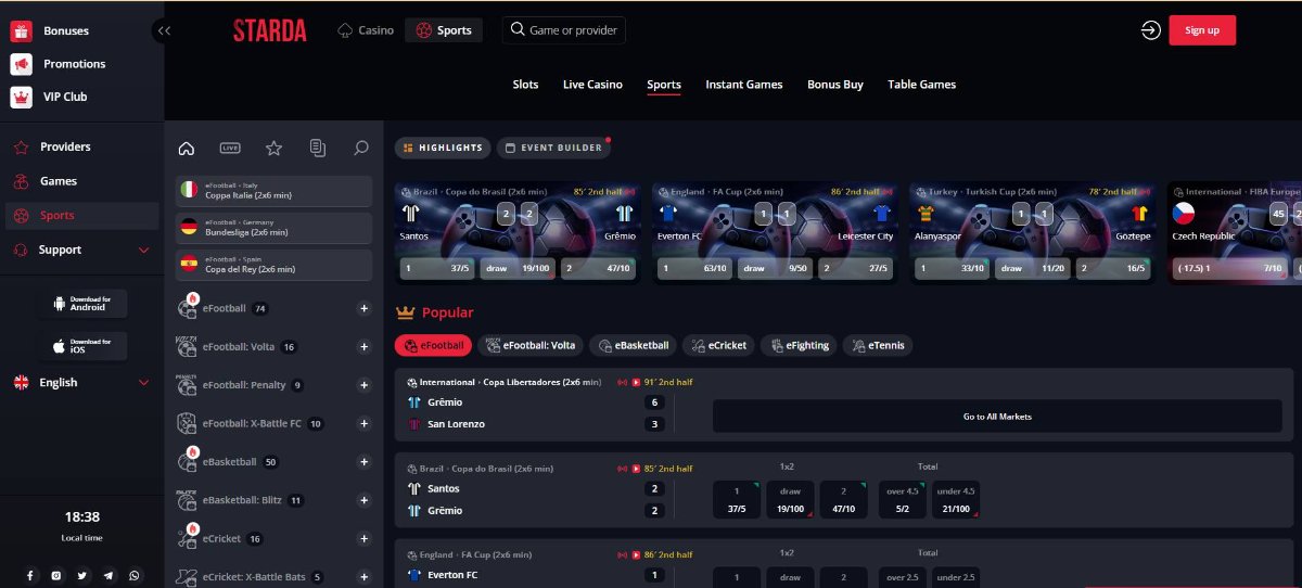 Sports betting section in Starda Casino